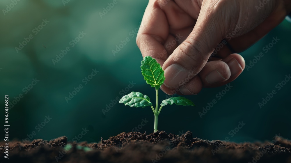 Poster a conceptual image of a hand planting a seedling in fertile soil, symbolizing the beginning of busin
