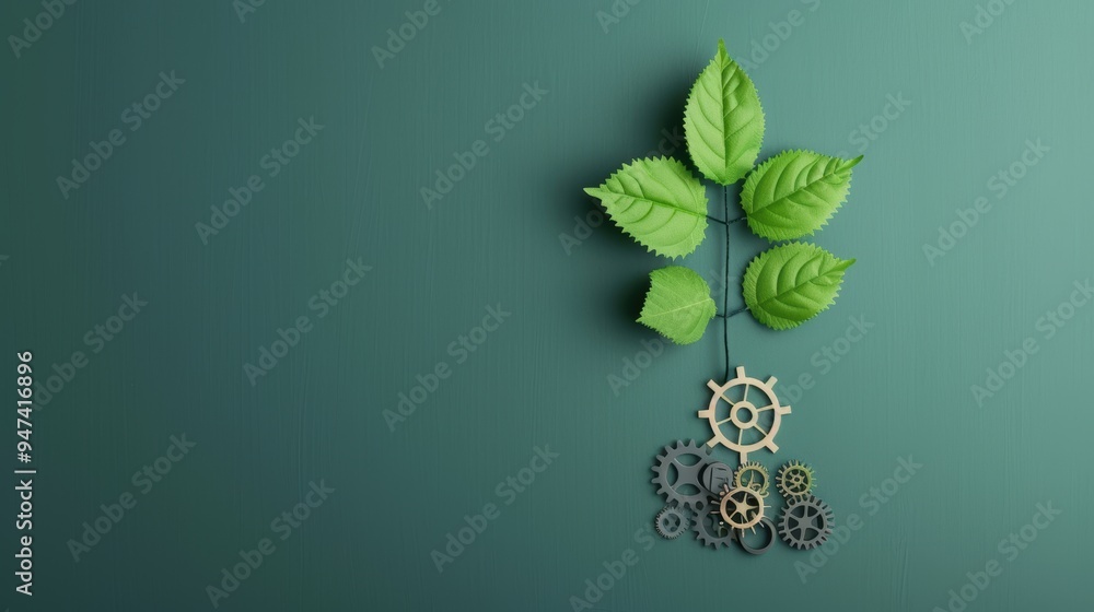 Poster an artistic representation of a business concept with a growing vine intertwining with metal gears, 