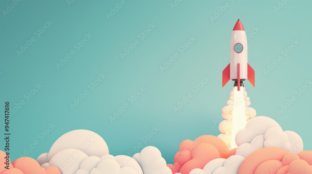 Poster an artistic depiction of a rocket launching into the sky, symbolizing business progress and advancem