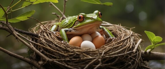 Green Tree Frog Nestled Among Eggs in a Bird's Nest