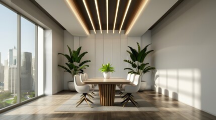 Fototapeta premium An elegant boardroom setting with executives in deep discussion, embodying the essence of business distinction and success, complemented by spacious copy areas for corporate branding.