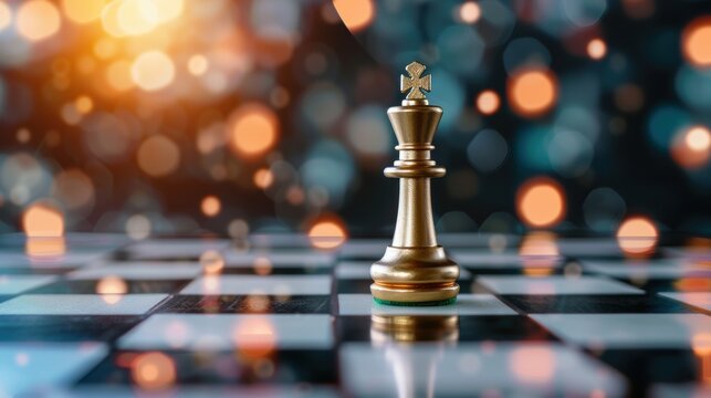 An abstract representation of corporate supremacy, featuring a chess piece king standing triumphantly on a chessboard, symbolizing business success and ascendancy. The image includes spacious copy