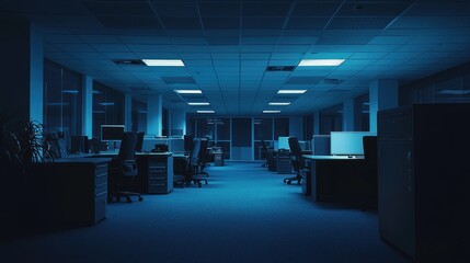 Empty Office Interior Under Artificial Light at Night