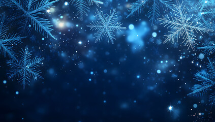 Fototapeta premium Dark blue background with falling snowflakes and stars, perfect for a Christmas banner, poster, or greeting card template. Flat vector illustration for a winter holiday design.