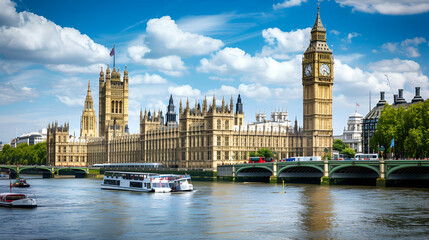 London Big Ben tower, Westminster bridge over Thames river England UK ai generative..