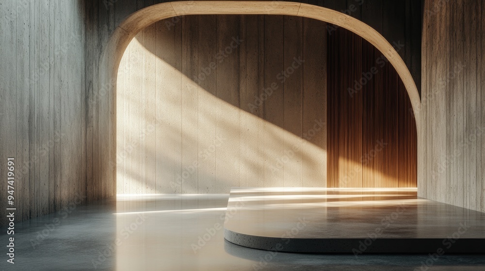 Poster dark abstract interior featuring smooth concrete and wood elements creating a serene architectural b