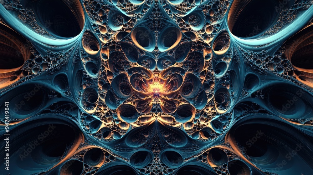 Poster computer generated symmetrical patterns in 3d featuring intricate designs and vibrant colors 3d rend