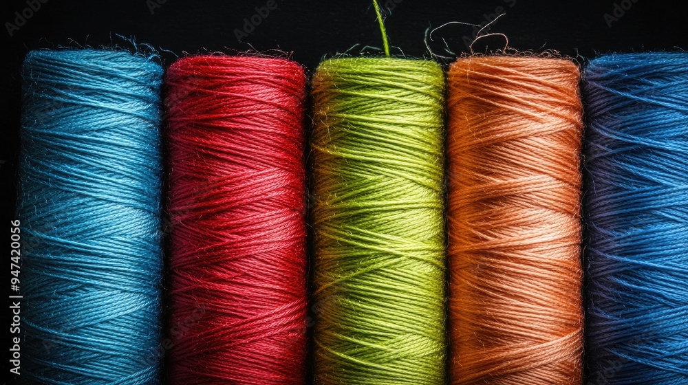 Poster background image featuring five varying thin strands of colored thread on a dark backdrop