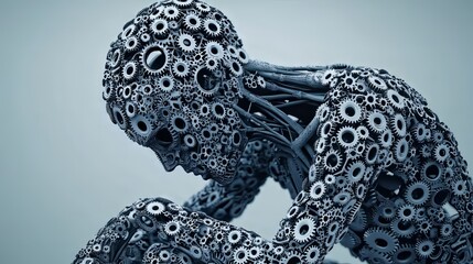 Obraz premium A mechanical figure composed of intricate gears, symbolizing the fusion of technology and humanity in a thoughtful pose.