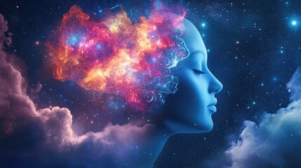 Obraz premium Composition of a human head with symbolic elements representing the themes of mind consciousness imagination science and creativity