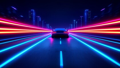 Fototapeta premium A dynamic portrayal of a car against a vibrant neon city backdrop, showcasing speed and modern urban lifestyle.