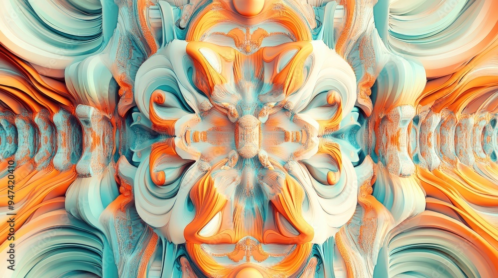 Poster computer generated symmetrical patterns in 3d featuring intricate designs and vibrant colors 3d rend