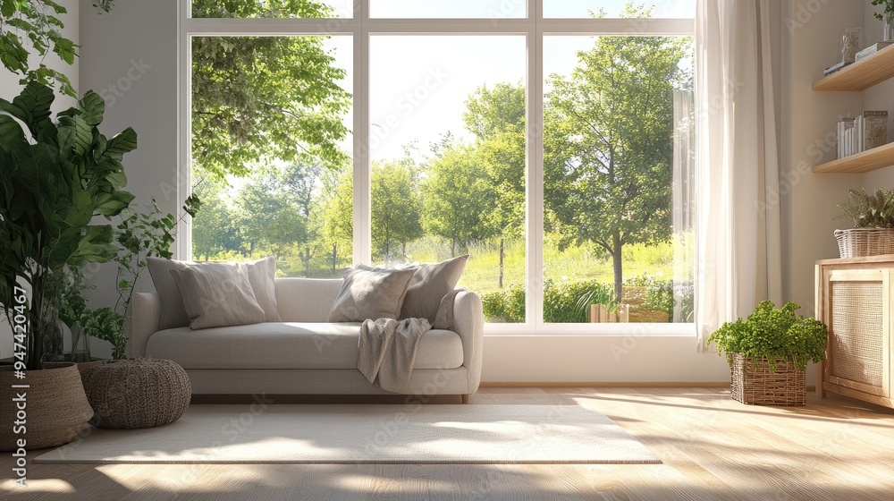 Poster concept of a bright room featuring a sofa and a summer landscape visible through the window scandina