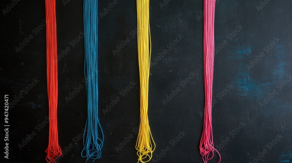 Poster Background image featuring five varying thin strands of colored thread on a dark backdrop