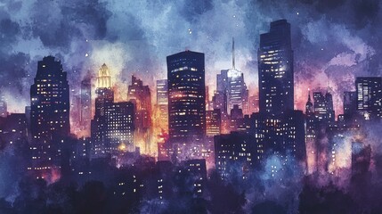 Obraz premium Cityscape at night Watercolor illustration created by hand