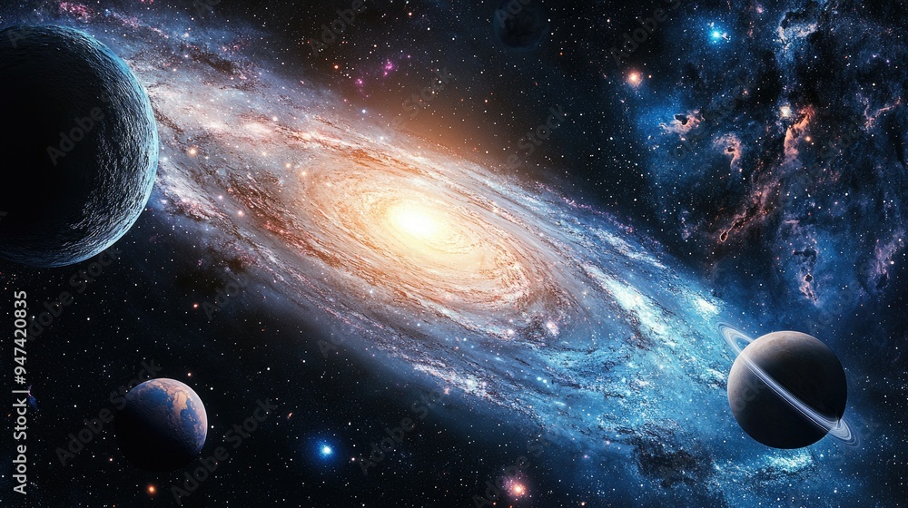 Poster celestial bodies within a galaxy set against a backdrop of open space