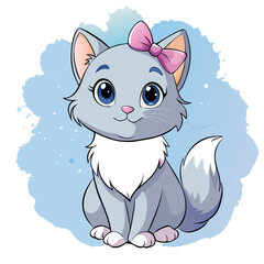 a cute cartoon illustration of a gray kitten with big blue eyes. The kitten has a fluffy white chest and a bushy tail. It is sitting down with its front paws together