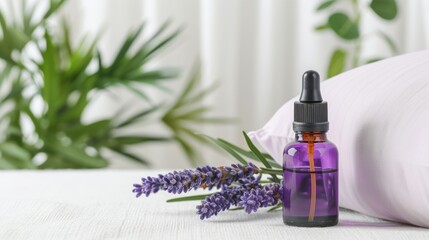 A soothing lavender oil bottle on a soft pillow with fresh lavender, perfect for relaxation and wellness aesthetics.