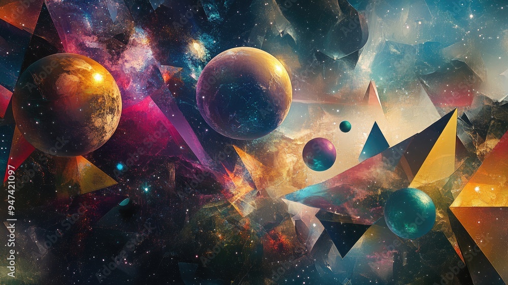 Poster artistic multicolored abstraction of geometric virtual space featuring elements like planets galaxie