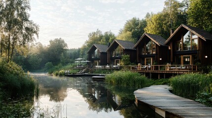 Obraz premium Wooden Cabins on Lake with Walkway and Lush Green Trees