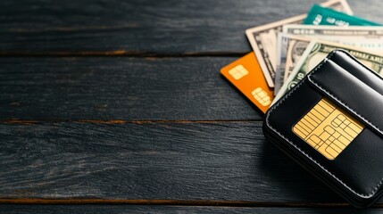 A stylish wallet with credit cards and cash on a rustic wooden surface, symbolizing finance and modern lifestyle.
