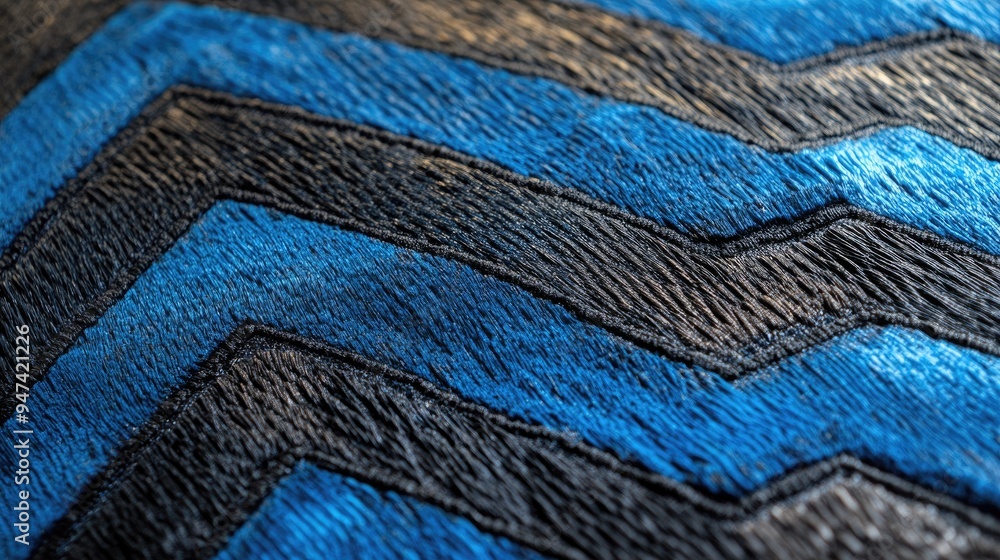 Poster close up view of a blue and black zigzag pattern showcasing intricate design details