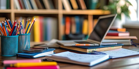 Open Notebook  Pencils  Laptop  and Books on Wooden Desk
