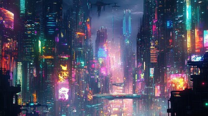 Obraz premium Artistic illustration of a futuristic cyberpunk cityscape featuring vibrant colors and intricate architectural designs
