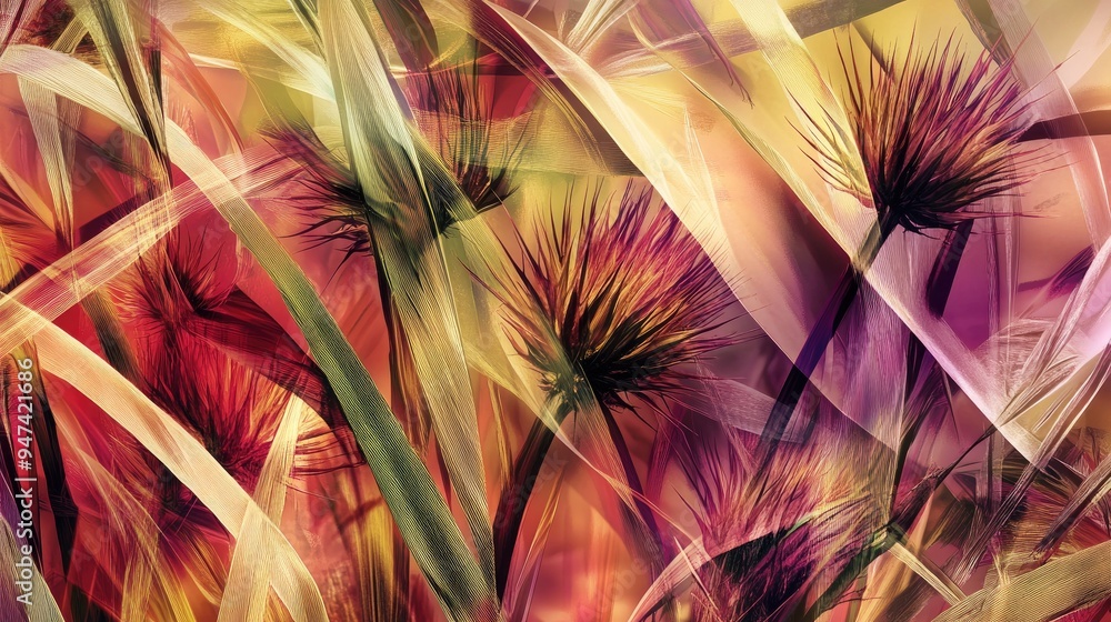 Poster an abstract pattern derived from a modified image featuring thistle amidst grass showcasing natural 