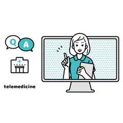 病院にオンライン相談・診断をするイラスト　パソコン