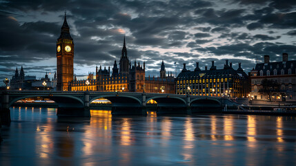 Fototapeta premium Westminster bridge and BigBen and house of parliament at night ai generative..