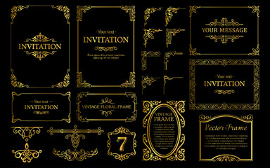 Design gold elements set, decorative flourish border corner and frame collection for invitation, menu and page decoration