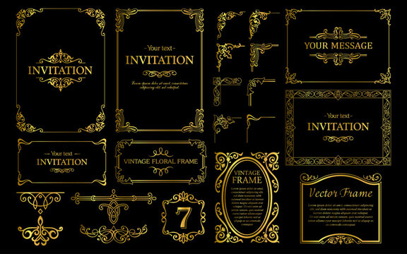 Design gold elements set, decorative flourish border corner and frame collection for invitation, menu and page decoration