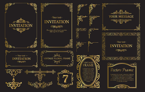 Design gold elements set, decorative flourish border corner and frame collection for invitation, menu and page decoration