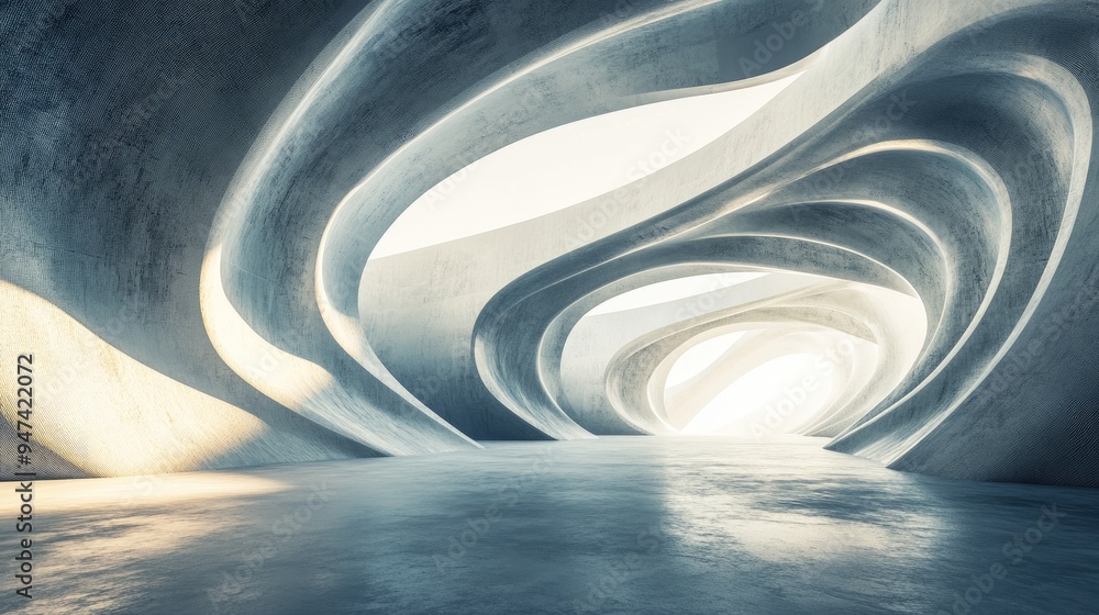 Poster abstract wavy futuristic architecture rendered in 3d with a concrete floor