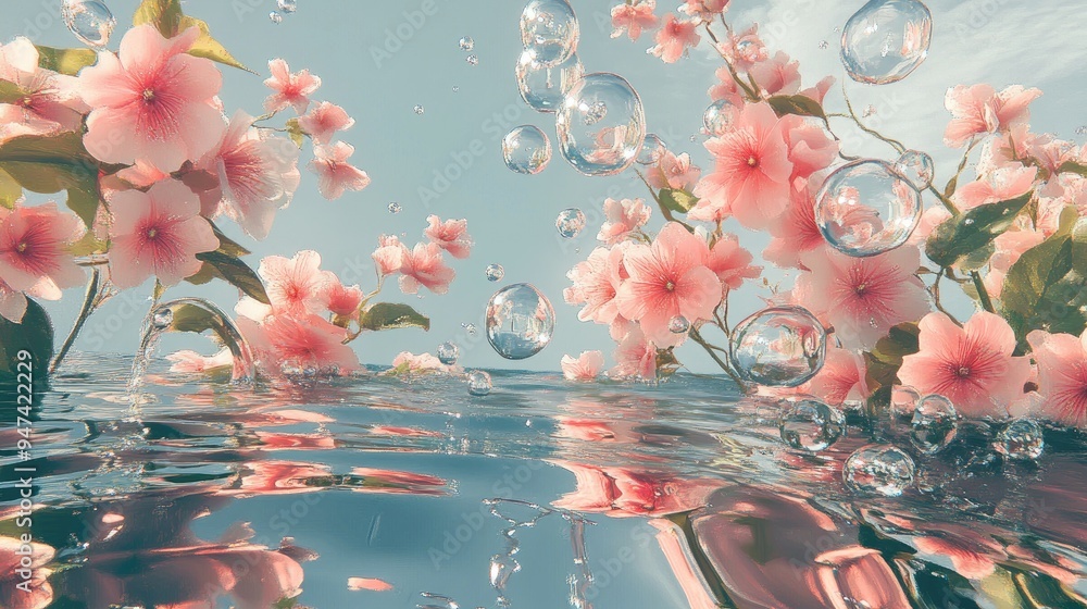 Poster abstract landscape featuring spring flowers and water bubbles created through 3d rendering technique