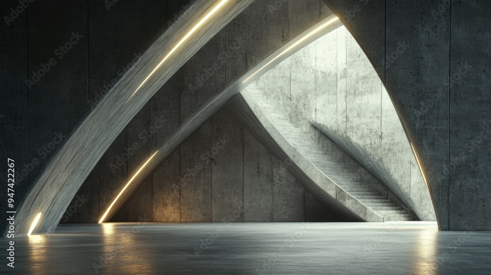 Poster dark abstract concrete interior with smooth surfaces architectural backdrop featuring illuminated el