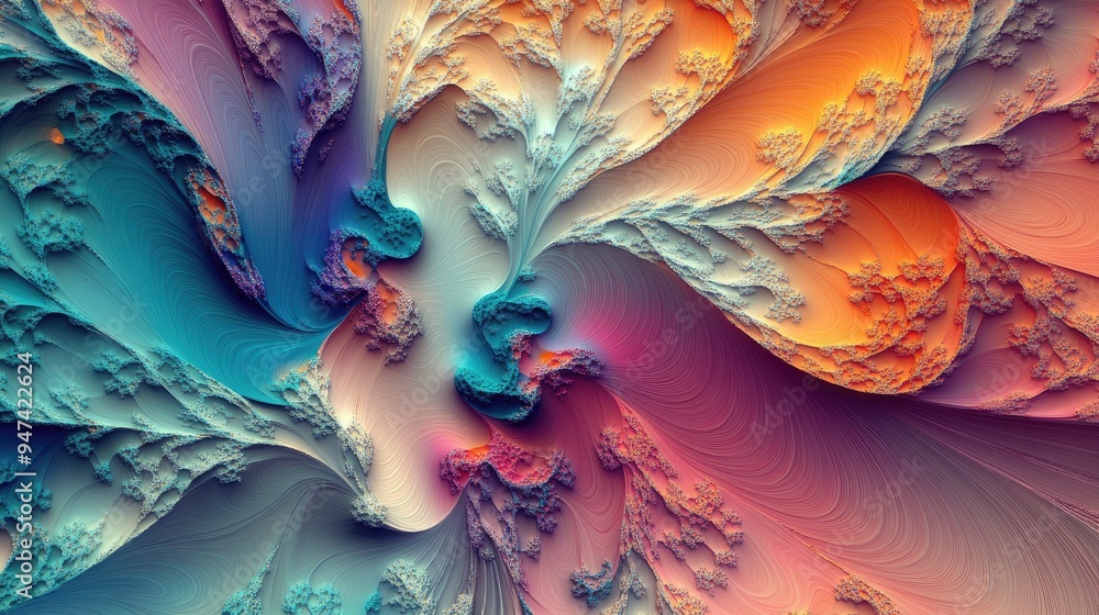 Poster colorful and chaotic abstract fractal pattern with intricate 3d shapes ideal for backgrounds or wall