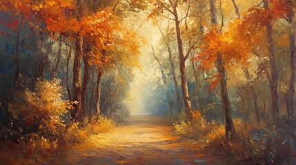 Autumnal forest landscape in an impressionist style suitable for home decor oil painting artwork