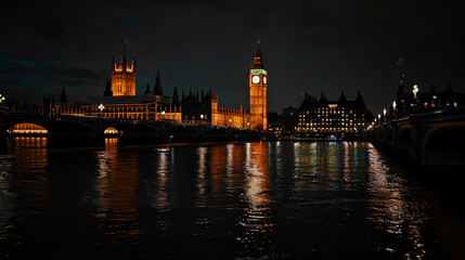 Westminster bridge and BigBen and house of parliament at night ai generative..
