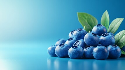 Fresh Blueberries with Green Leaves on Blue Background