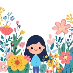 Happy Girl in a Flower Garden Illustration