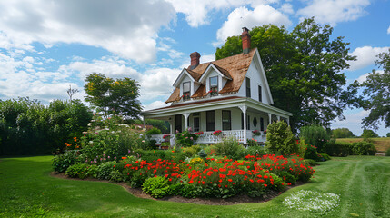 Charming white farmhouse with a lush green lawn and colorful flower gardens ai generative.