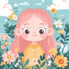 Cute Girl with Pink Hair Surrounded by Flowers in a Garden Illustration