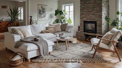 Elegant Scandinavian Living Space with White Corner Sofa and Fireplace