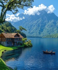 Fototapeta premium Couple fishing on a mountain lake with a stone cottage