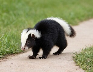 Naklejka premium Cute classic black with white stripe young skunk aka Mephitis mephitis, walking side ways. Head up looking straight ahead with tail high up. Ai generated image