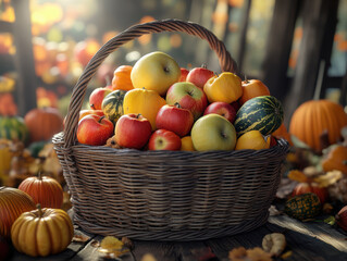 A basket full of fruit and vegetables for Thanksgiving. AI generative.