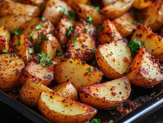 Delicious roasted potato wedges with herbs and spices fresh from the oven
