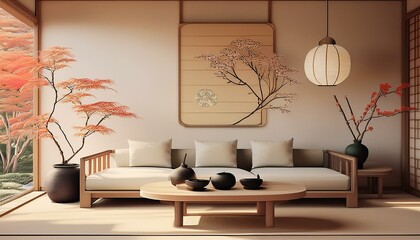 Minimalist, japandi interior design of modern living room.